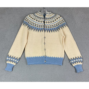Handmade In Norway Size S Fair Isle Cardigan Button Up Wool Knit Blue Sweater